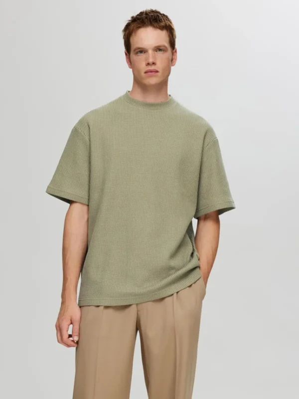 SELECTED AVSLAPPNAD PASSFORM VÅFFLAD T-SHIRT Green Cheap