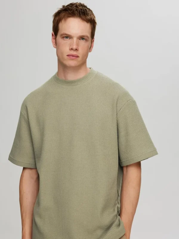 SELECTED AVSLAPPNAD PASSFORM VÅFFLAD T-SHIRT Green Cheap