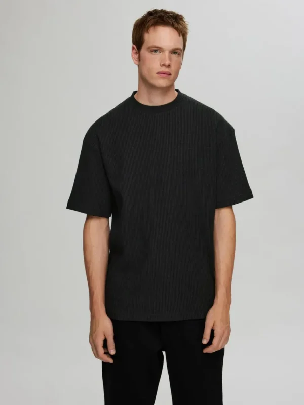 SELECTED AVSLAPPNAD PASSFORM VÅFFLAD T-SHIRT Black Clearance