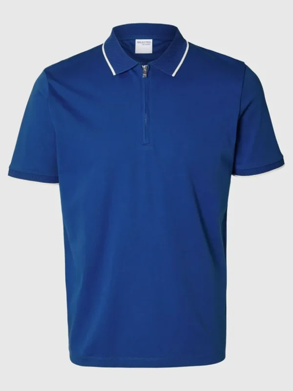 SELECTED BLIXTLÅSFÖRSEDD PIKÉTRÖJA Blue Shop