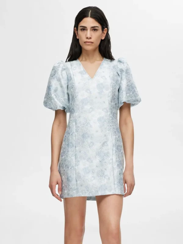 SELECTED BLOMMIG JACQUARD KORT KLÄNNING Blue Fashion