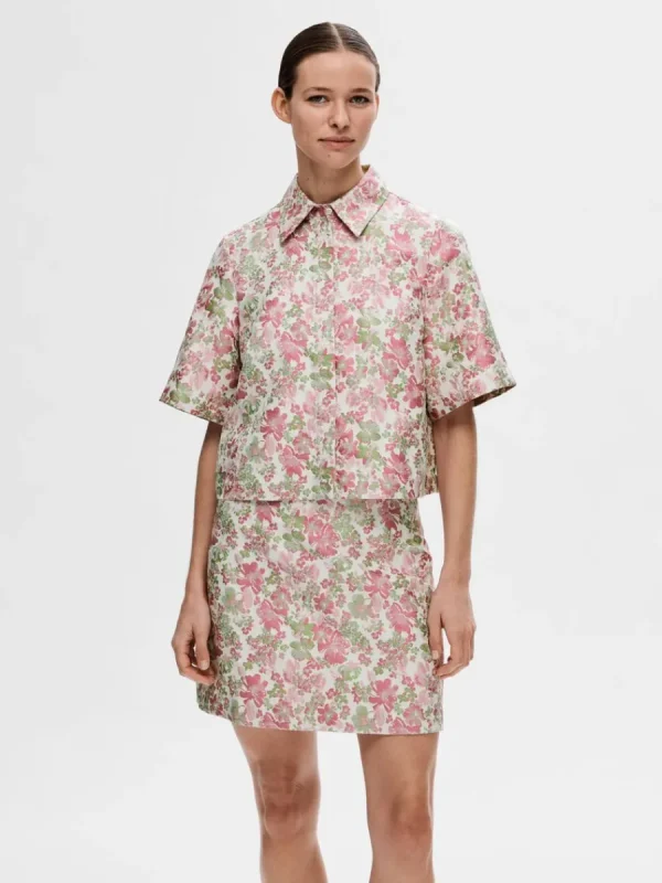 SELECTED BLOMMIG JACQUARD KORTÄRMAD SKJORTA Coloured Clearance