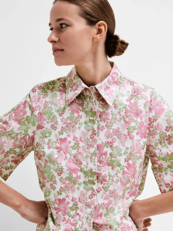 SELECTED BLOMMIG JACQUARD KORTÄRMAD SKJORTA Coloured Clearance