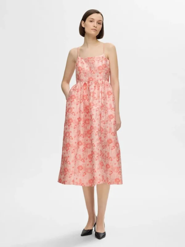SELECTED BLOMMIG JACQUARD MIDIKLÄNNING Pink Fashion