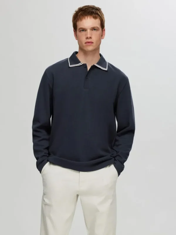 SELECTED 100% BOMULL LÅNGÄRMAD PIKÉTRÖJA Blue Best Sale