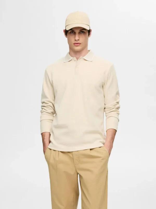 SELECTED 100% BOMULL LÅNGÄRMAD PIKÉTRÖJA Beige Hot