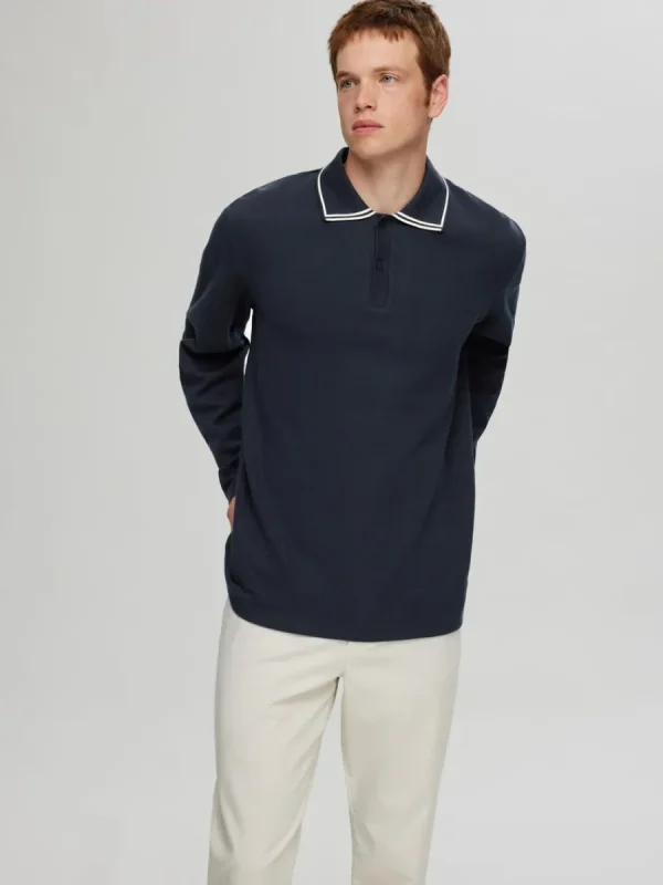 SELECTED 100% BOMULL LÅNGÄRMAD PIKÉTRÖJA Blue Best Sale