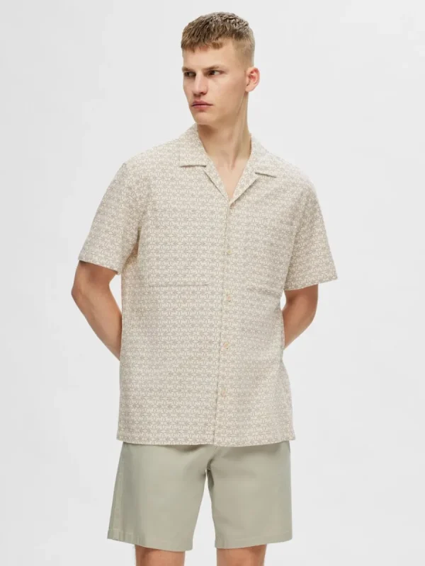 SELECTED BOMULLSSYDD KORTÄRMAD SKJORTA Beige New