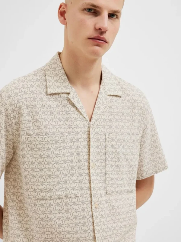 SELECTED BOMULLSSYDD KORTÄRMAD SKJORTA Beige New