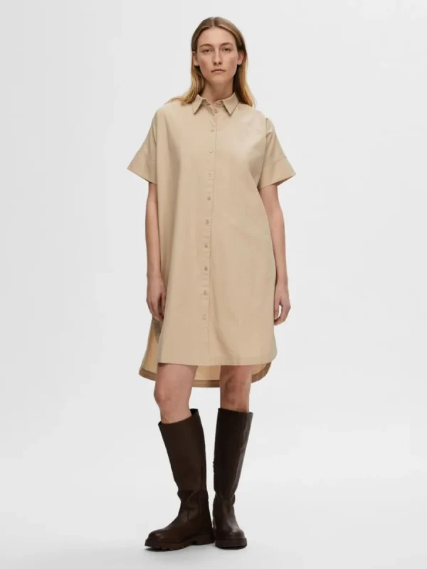 SELECTED BOMULLSSYDD SKJORTKLÄNNING Beige Best
