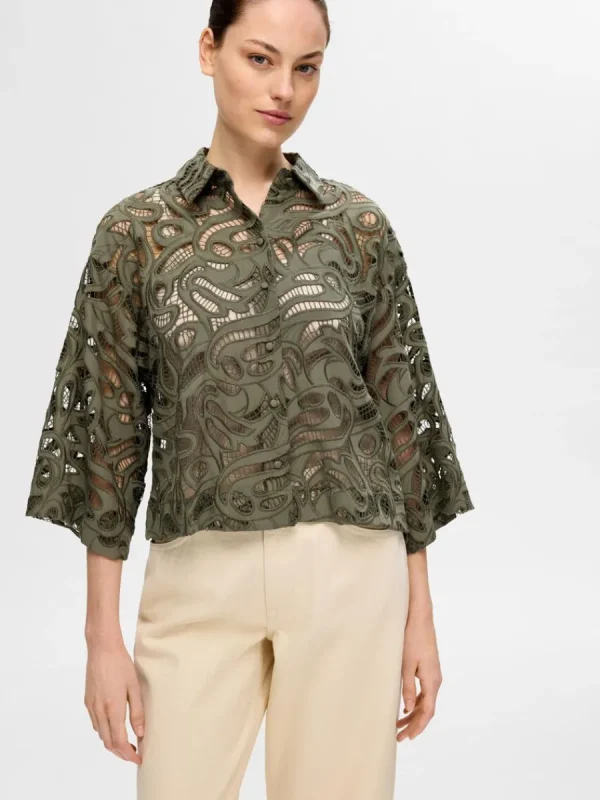 SELECTED BRODERIE ANGLAISE CROPPAD SKJORTA Green Discount