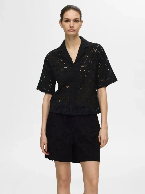 SELECTED BRODERIE ANGLAISE KORTÄRMAD SKJORTA Black Cheap