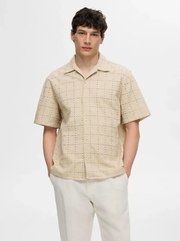 SELECTED BRODERIE ANGLAISE KORTÄRMAD SKJORTA Beige Online