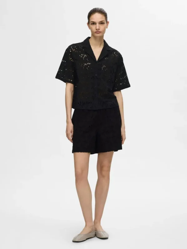 SELECTED BRODERIE ANGLAISE KORTÄRMAD SKJORTA Black Cheap