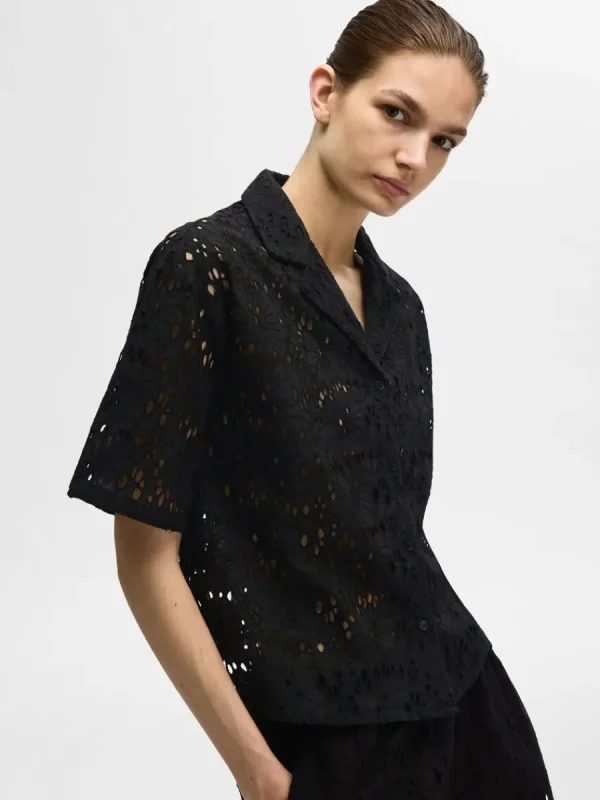 SELECTED BRODERIE ANGLAISE KORTÄRMAD SKJORTA Black Cheap