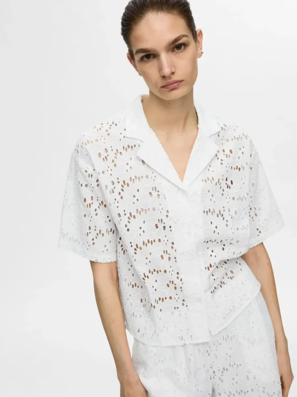 SELECTED BRODERIE ANGLAISE KORTÄRMAD SKJORTA White Cheap