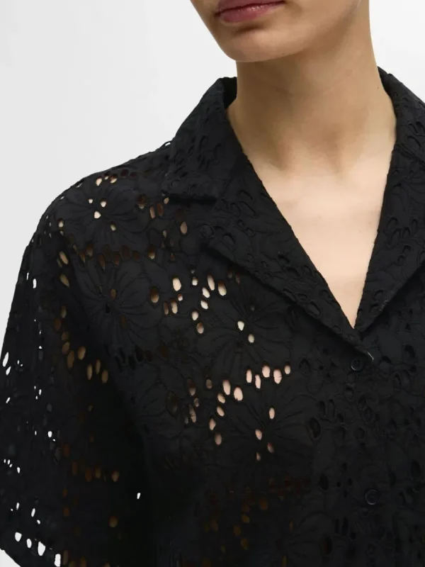 SELECTED BRODERIE ANGLAISE KORTÄRMAD SKJORTA Black Cheap