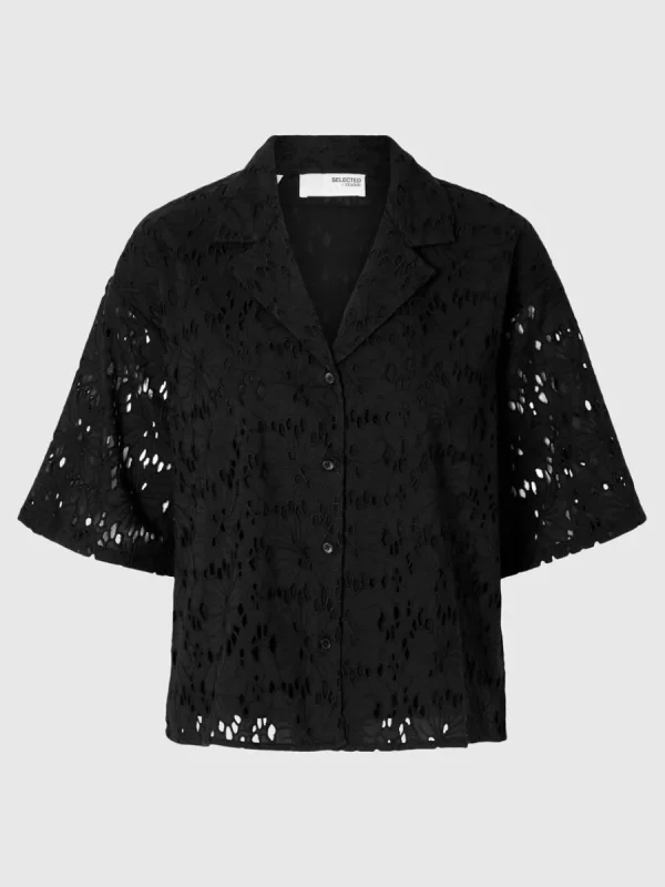 SELECTED BRODERIE ANGLAISE KORTÄRMAD SKJORTA Black Cheap