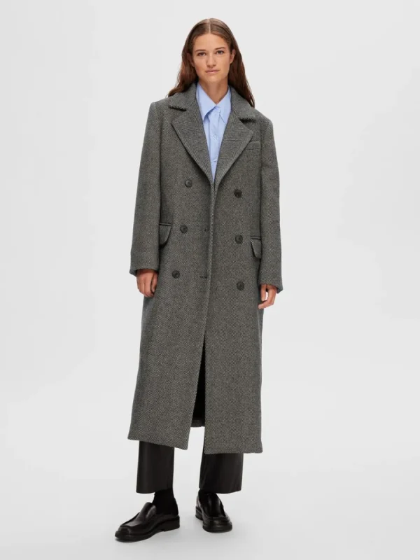 SELECTED DUBBELKNÄPPT FISKBENSMÖNSTRAD KAPPA Grey Store
