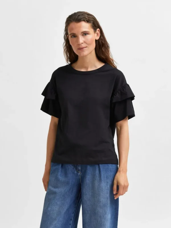 SELECTED EKOLOGISK BOMULL VOLANG T-SHIRT Black Outlet