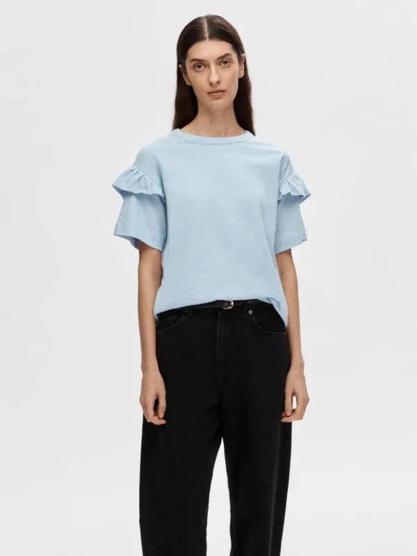 SELECTED EKOLOGISK BOMULL VOLANG T-SHIRT Blue Clearance