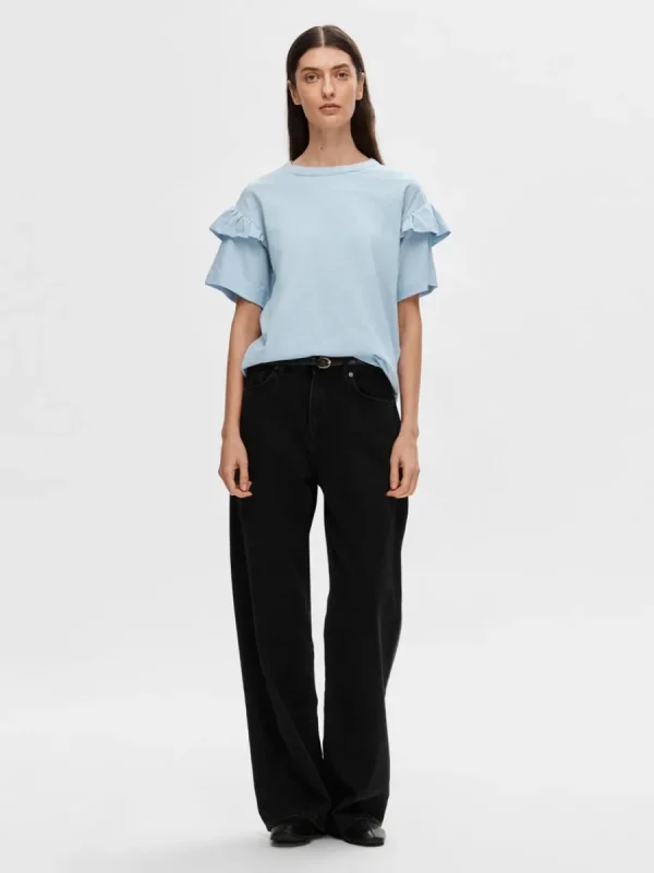 SELECTED EKOLOGISK BOMULL VOLANG T-SHIRT Blue Clearance