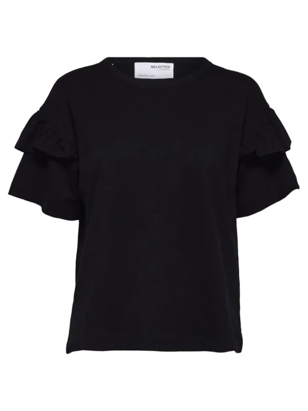 SELECTED EKOLOGISK BOMULL VOLANG T-SHIRT Black Outlet