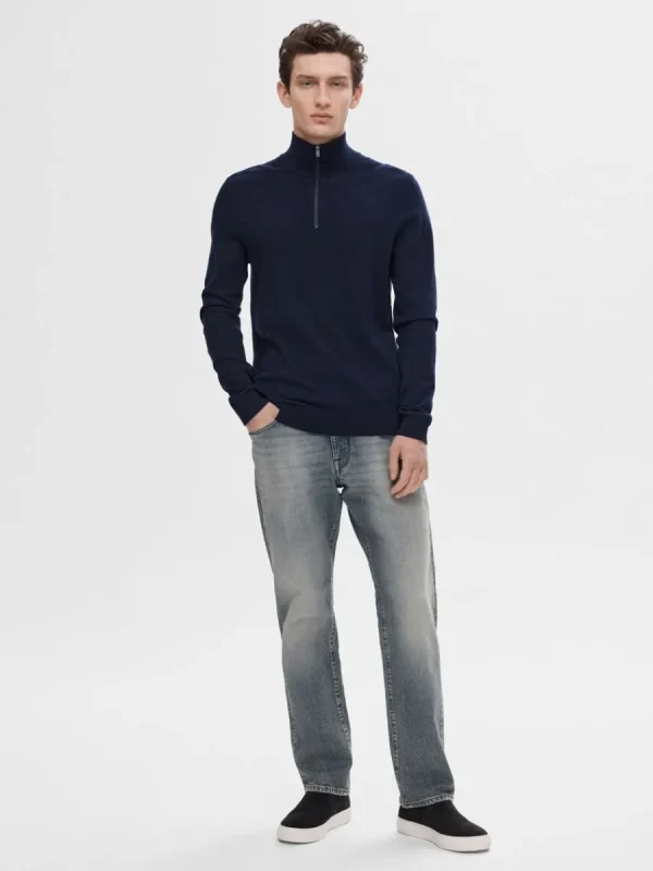 SELECTED HALVLÅNGT BLIXTLÅS STICKAD TRÖJA Blue Discount