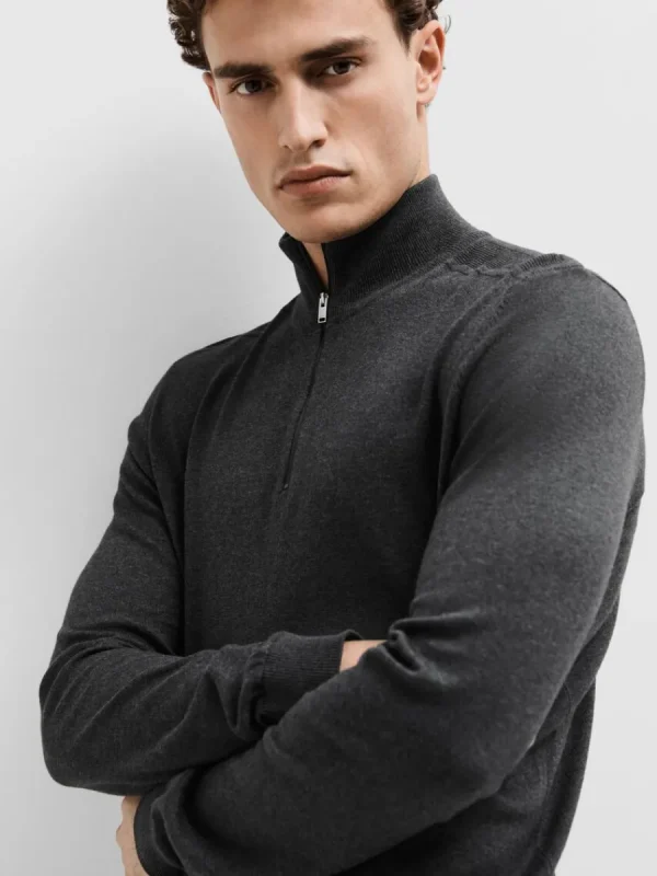 SELECTED HALVLÅNGT BLIXTLÅS STICKAD TRÖJA Grey Store