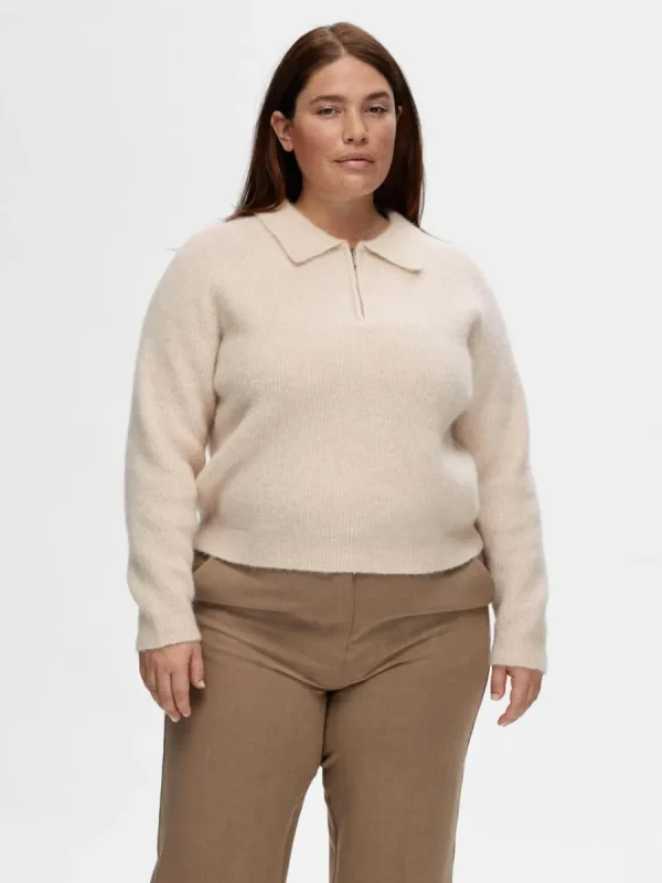 SELECTED HALVLÅNGT BLIXTLÅS STICKAD TOPP Beige Store