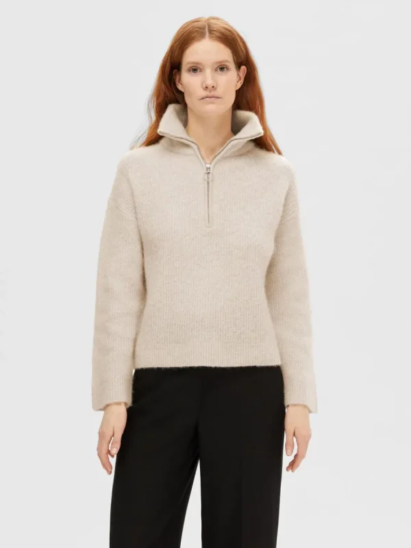 SELECTED HALVLÅNGT BLIXTLÅS TRÖJA Beige Shop
