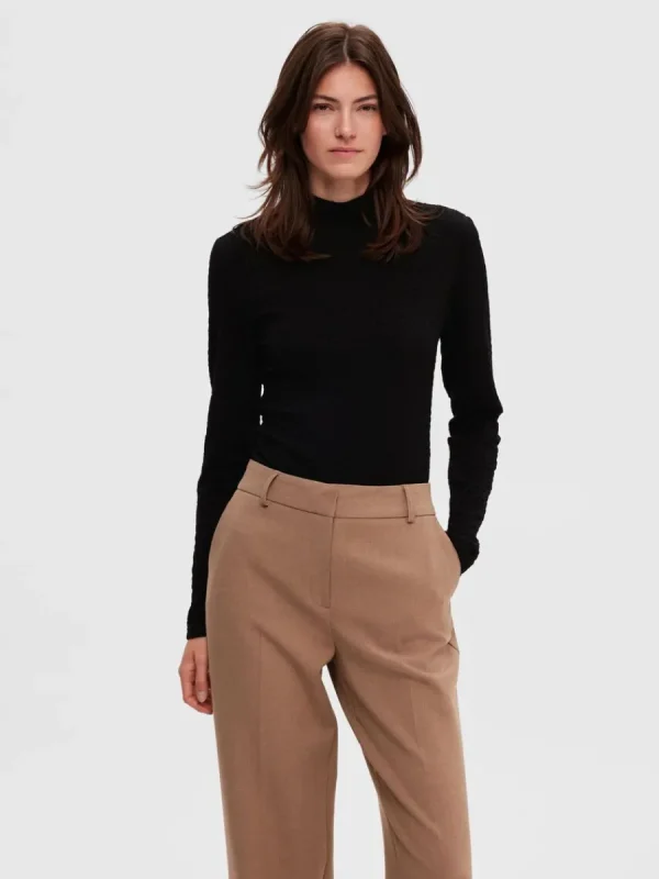 SELECTED HÖG HALS MED TEXTUR STICKAD TOPP Black Discount