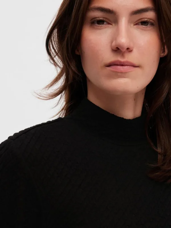 SELECTED HÖG HALS MED TEXTUR STICKAD TOPP Black Discount
