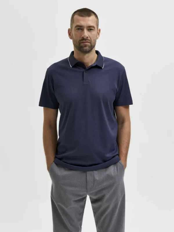 SELECTED KORTÄRMAD COOLMAX® PIKÉTRÖJA Blue Sale