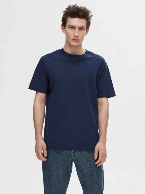 SELECTED KORTÄRMAD MED AVSLAPPNAD PASSFORM T-SHIRT Blue Hot