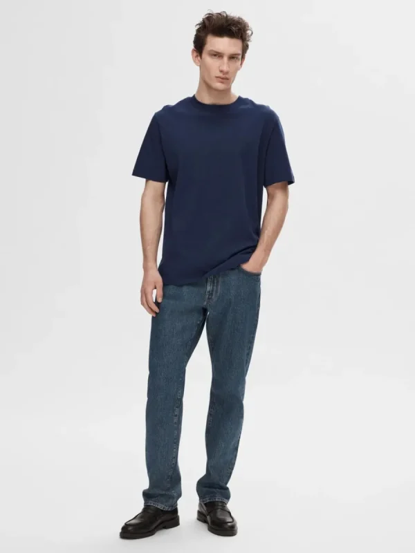 SELECTED KORTÄRMAD MED AVSLAPPNAD PASSFORM T-SHIRT Blue Hot