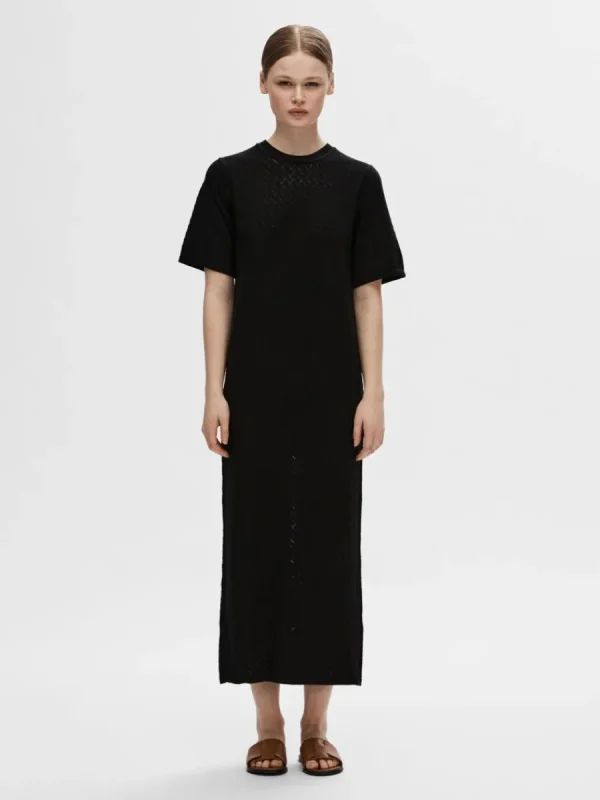 SELECTED KORTÄRMAD STICKAD MIDIKLÄNNING Black Clearance