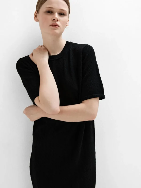 SELECTED KORTÄRMAD STICKAD MIDIKLÄNNING Black Clearance