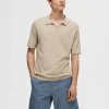 SELECTED KORTÄRMAD STICKAD PIKÉTRÖJA Beige Store