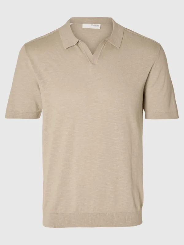 SELECTED KORTÄRMAD STICKAD PIKÉTRÖJA Beige Store