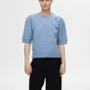 SELECTED KORTÄRMAD STICKAD TOPP Blue Sale