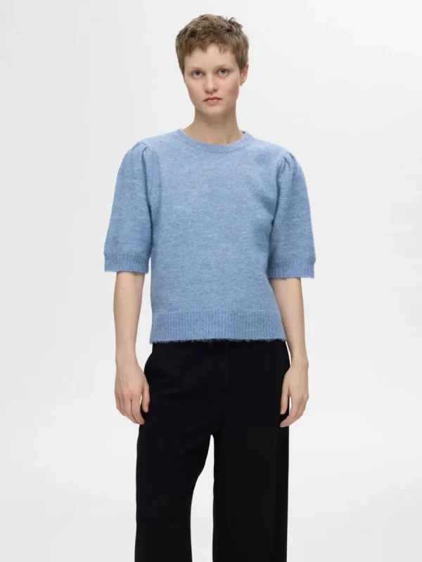 SELECTED KORTÄRMAD STICKAD TOPP Blue Sale