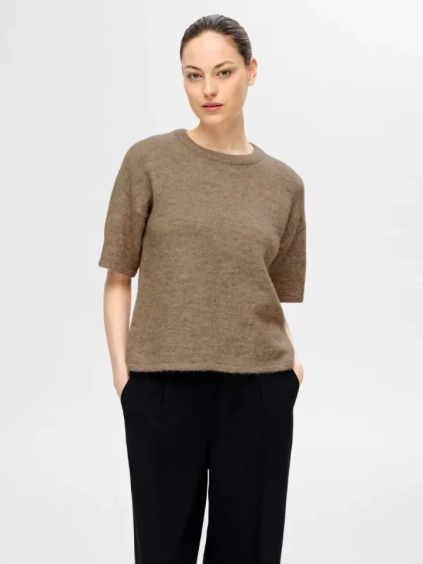 SELECTED KORTÄRMAD STICKAD TOPP Brown Hot