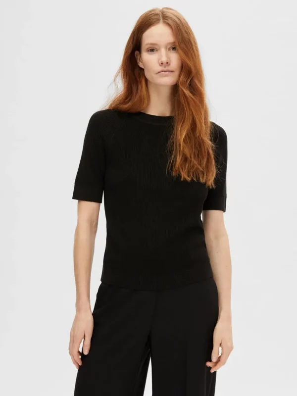 SELECTED KORTÄRMAD STICKAD TOPP Black Discount