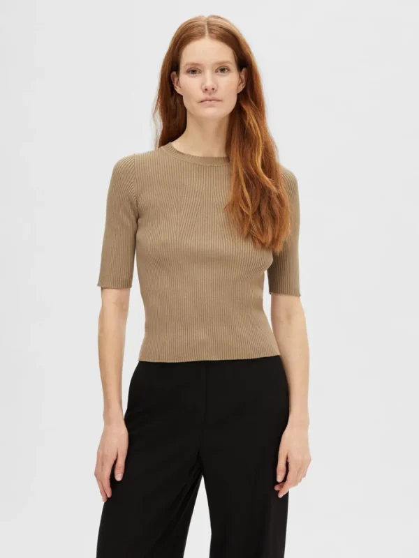SELECTED KORTÄRMAD STICKAD TOPP Brown Clearance