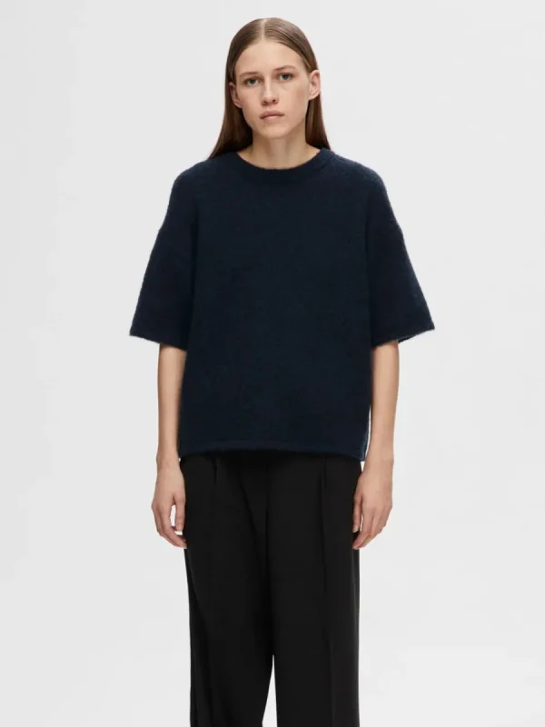 SELECTED KORTÄRMAD STICKAD TOPP Blue Fashion