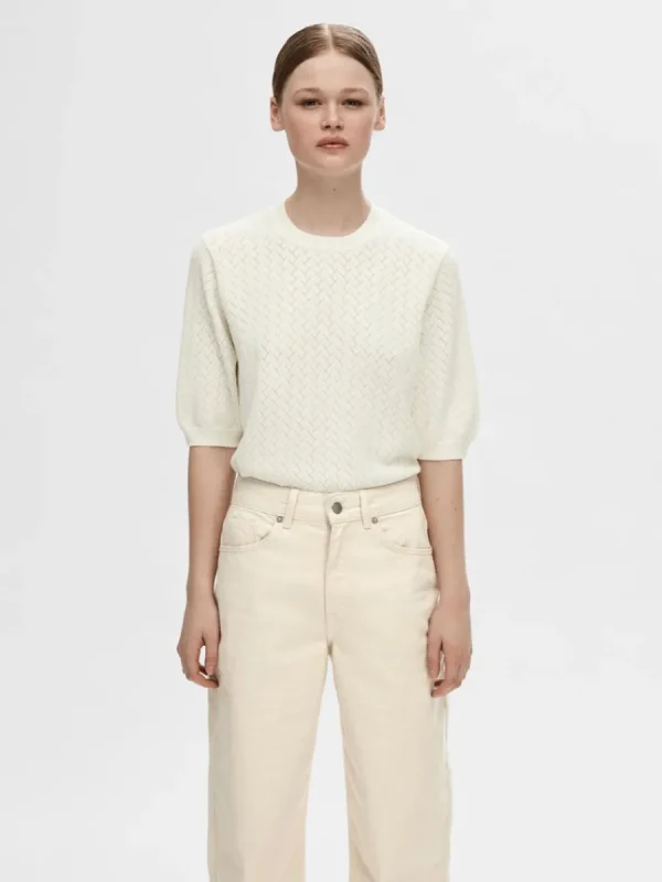 SELECTED KORTÄRMAD STICKAD TOPP Beige Clearance