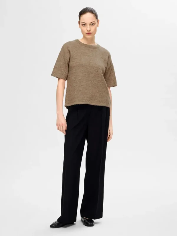 SELECTED KORTÄRMAD STICKAD TOPP Brown Hot
