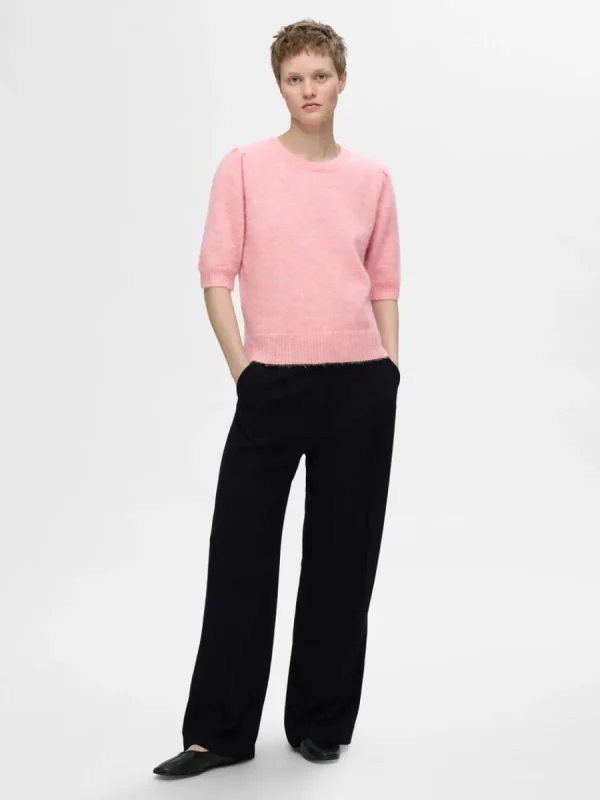 SELECTED KORTÄRMAD STICKAD TOPP Pink Fashion