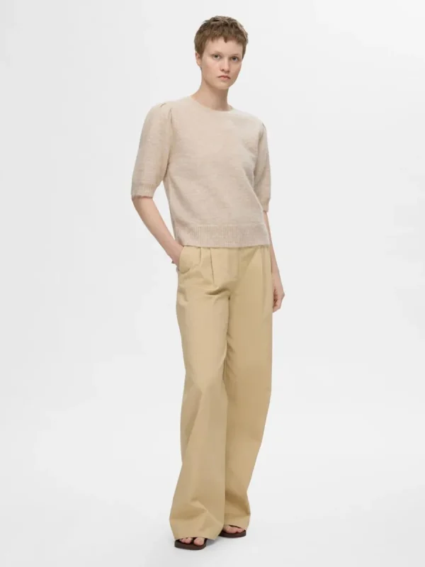 SELECTED KORTÄRMAD STICKAD TOPP Beige Hot